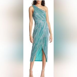Saylor Alorna One-Shoulder Metallic Green Midi Dress NWOT size Large